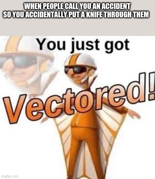 hahaha | WHEN PEOPLE CALL YOU AN ACCIDENT
SO YOU ACCIDENTALLY PUT A KNIFE THROUGH THEM | image tagged in you just got vectored | made w/ Imgflip meme maker