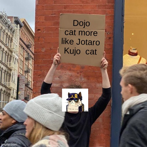 More like Jotaro Kujo Cat | Dojo cat more like Jotaro Kujo  cat | image tagged in memes,guy holding cardboard sign,jotaro kujo,grumpy cat | made w/ Imgflip meme maker