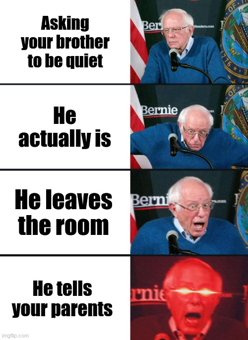 Bernie Sanders reaction (nuked) | Asking your brother to be quiet; He actually is; He leaves the room; He tells your parents | image tagged in bernie sanders reaction nuked | made w/ Imgflip meme maker