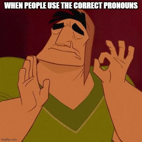 When people use the correct pronouns |  WHEN PEOPLE USE THE CORRECT PRONOUNS | image tagged in when x just right,pronouns,gender,lgbtq,non-binary,queer | made w/ Imgflip meme maker