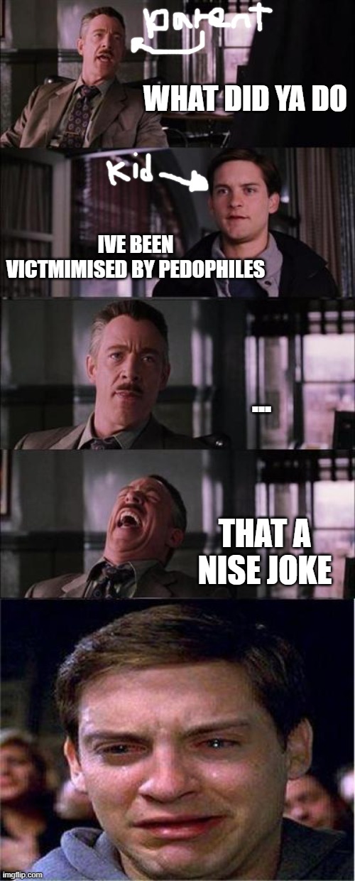 true story | WHAT DID YA DO; IVE BEEN VICTMIMISED BY PEDOPHILES; ... THAT A NISE JOKE | image tagged in memes,peter parker cry | made w/ Imgflip meme maker