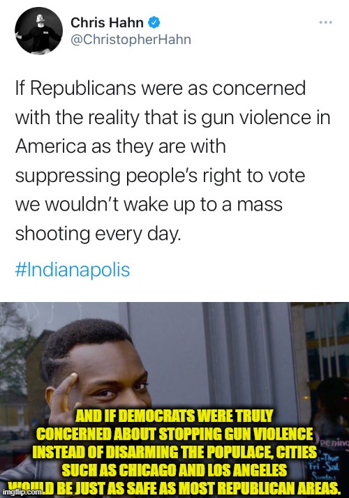 And I will just ignore that B.S. about voter suppression. | AND IF DEMOCRATS WERE TRULY CONCERNED ABOUT STOPPING GUN VIOLENCE INSTEAD OF DISARMING THE POPULACE, CITIES SUCH AS CHICAGO AND LOS ANGELES WOULD BE JUST AS SAFE AS MOST REPUBLICAN AREAS. | image tagged in memes,roll safe think about it,gun control,republicans,democrats,democratic party | made w/ Imgflip meme maker