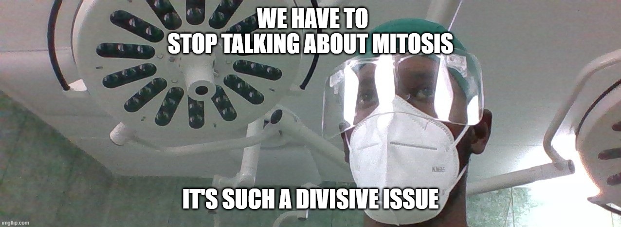 SURGERY GUY | WE HAVE TO STOP TALKING ABOUT MITOSIS; IT'S SUCH A DIVISIVE ISSUE | image tagged in surgery guy | made w/ Imgflip meme maker