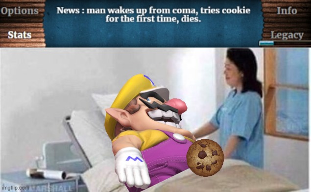 Wario wakes up from a coma, tries cookie for the first time and dies.mp3 | image tagged in sir you've been in a coma,wario dies,cookie clicker | made w/ Imgflip meme maker