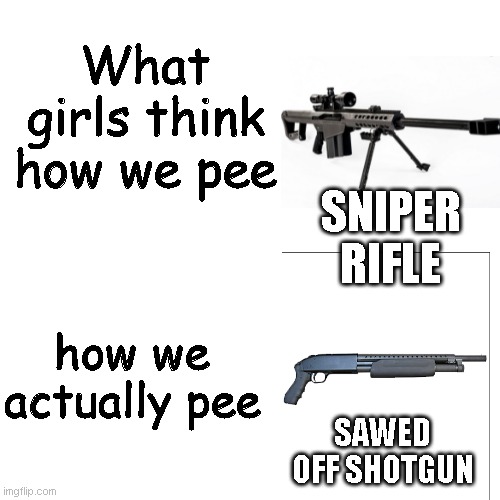 uhhhhh | What girls think how we pee; SNIPER RIFLE; how we actually pee; SAWED OFF SHOTGUN | image tagged in memes,blank transparent square | made w/ Imgflip meme maker