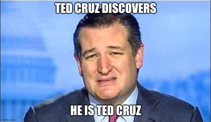 Ewwww | TED CRUZ DISCOVERS; HE IS TED CRUZ | image tagged in ted cruz,republican,asshole,cancun ted,coward,insurrectionist | made w/ Imgflip meme maker