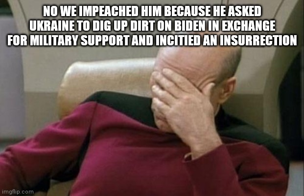 Captain Picard Facepalm Meme | NO WE IMPEACHED HIM BECAUSE HE ASKED UKRAINE TO DIG UP DIRT ON BIDEN IN EXCHANGE FOR MILITARY SUPPORT AND INCITIED AN INSURRECTION | image tagged in memes,captain picard facepalm | made w/ Imgflip meme maker