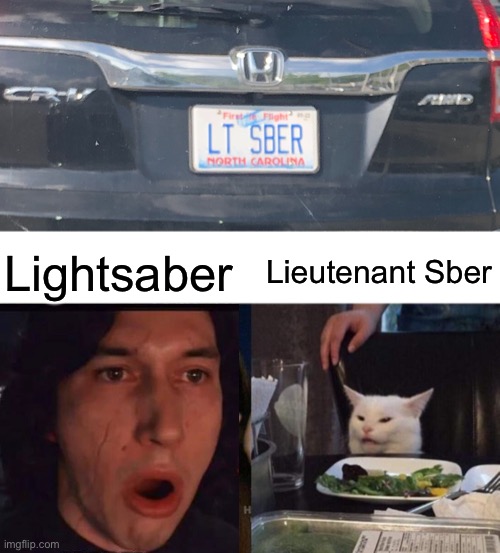 Lightsaber? | Lieutenant Sber; Lightsaber | image tagged in memes,woman yelling at cat | made w/ Imgflip meme maker