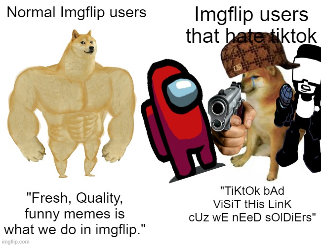 inspired by a meme. | Normal Imgflip users; Imgflip users that hate tiktok; "TiKtOk bAd ViSiT tHis LinK cUz wE nEeD sOlDiErs"; "Fresh, Quality, funny memes is what we do in imgflip." | image tagged in memes,buff doge vs cheems | made w/ Imgflip meme maker