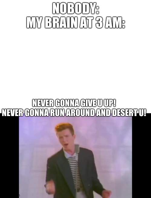 NOBODY:
MY BRAIN AT 3 AM:; NEVER GONNA GIVE U UP!
NEVER GONNA RUN AROUND AND DESERT U! | image tagged in blank white template,rick astley | made w/ Imgflip meme maker