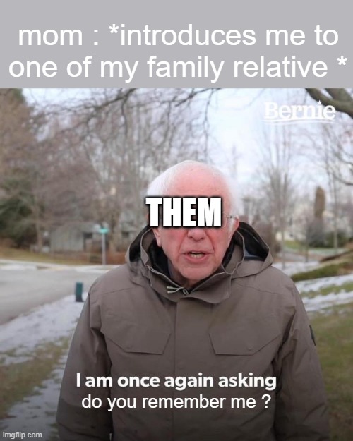 so true | mom : *introduces me to one of my family relative *; THEM; do you remember me ? | image tagged in memes,bernie i am once again asking for your support | made w/ Imgflip meme maker