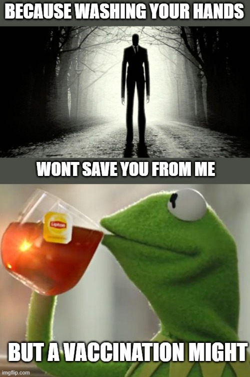 BECAUSE WASHING YOUR HANDS WONT SAVE YOU FROM ME BUT A VACCINATION MIGHT | image tagged in slender man,memes,but that's none of my business | made w/ Imgflip meme maker