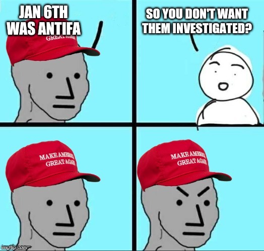 MAGA NPC (AN AN0NYM0US TEMPLATE) | JAN 6TH WAS ANTIFA; SO YOU DON'T WANT THEM INVESTIGATED? | image tagged in maga npc an an0nym0us template | made w/ Imgflip meme maker