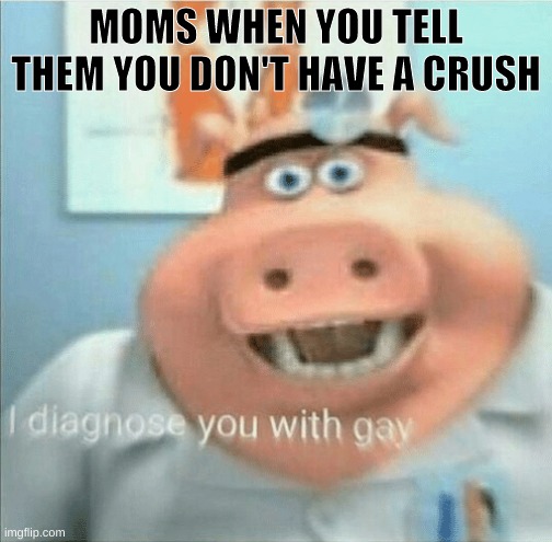 don't know why they assume this | MOMS WHEN YOU TELL THEM YOU DON'T HAVE A CRUSH | image tagged in i diagnose you with gay,crushes,so true memes | made w/ Imgflip meme maker
