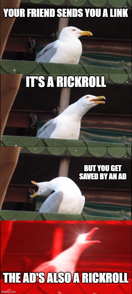 Rickrollin' ads | YOUR FRIEND SENDS YOU A LINK; IT'S A RICKROLL; BUT YOU GET SAVED BY AN AD; THE AD'S ALSO A RICKROLL | image tagged in memes,inhaling seagull,ads rickrolled me wth,think i was saved but actually not,stop reading these tags | made w/ Imgflip meme maker
