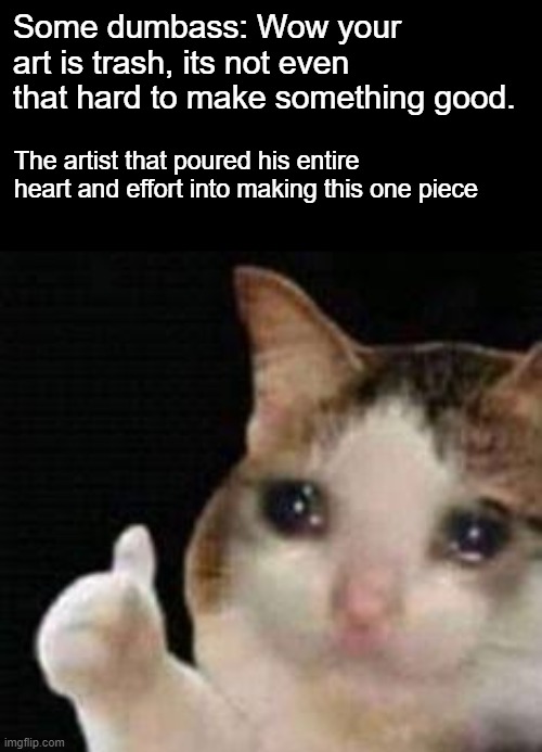 Seriously, stop doing this, it takes a lot of effort to do this | Some dumbass: Wow your art is trash, its not even that hard to make something good. The artist that poured his entire heart and effort into making this one piece | image tagged in approved crying cat,artist,art,dumbass,effort,creation | made w/ Imgflip meme maker