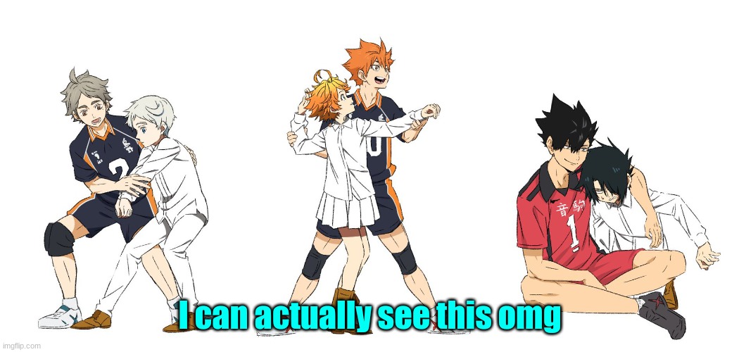 I can ACTUALLY see this omg | I can actually see this omg | image tagged in haikyuu,the promised neverland,crossover,adorable,i miss norman,le cri | made w/ Imgflip meme maker