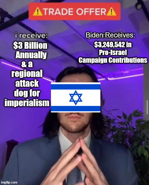 & a regional attack dog for imperialism | image tagged in i receive you receive,israel,imperialism,joe biden | made w/ Imgflip meme maker