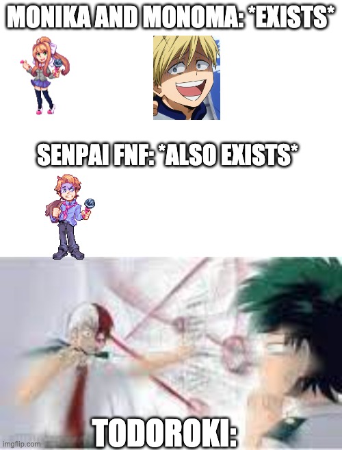Is this the correct stream, I DUNNO | MONIKA AND MONOMA: *EXISTS*; SENPAI FNF: *ALSO EXISTS*; TODOROKI: | image tagged in blank white template | made w/ Imgflip meme maker