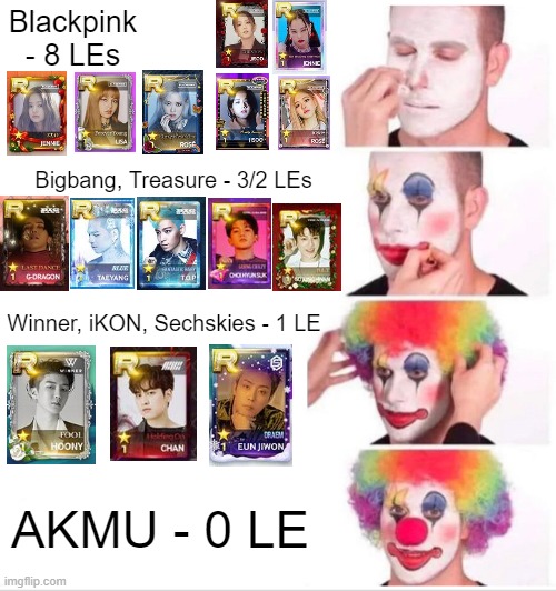 AKMU is 'Excluded' to the SSYG LE club | Blackpink - 8 LEs; Bigbang, Treasure - 3/2 LEs; Winner, iKON, Sechskies - 1 LE; AKMU - 0 LE | image tagged in memes,clown applying makeup | made w/ Imgflip meme maker