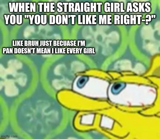 Spongebob Stretched | WHEN THE STRAIGHT GIRL ASKS YOU "YOU DON'T LIKE ME RIGHT-?"; LIKE BRUH JUST BECUASE I'M PAN DOESN'T MEAN I LIKE EVERY GIRL | image tagged in spongebob stretched | made w/ Imgflip meme maker