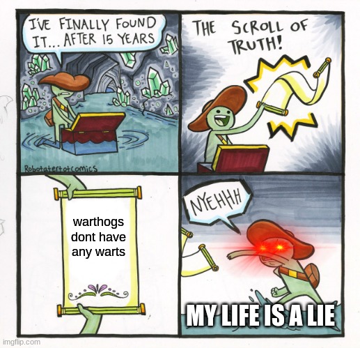 this has probably been your life | warthogs dont have any warts; MY LIFE IS A LIE | image tagged in memes,the scroll of truth | made w/ Imgflip meme maker