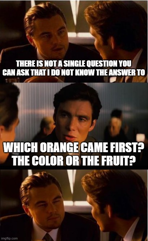 Inception Meme | THERE IS NOT A SINGLE QUESTION YOU CAN ASK THAT I DO NOT KNOW THE ANSWER TO; WHICH ORANGE CAME FIRST? THE COLOR OR THE FRUIT? | image tagged in memes,inception | made w/ Imgflip meme maker