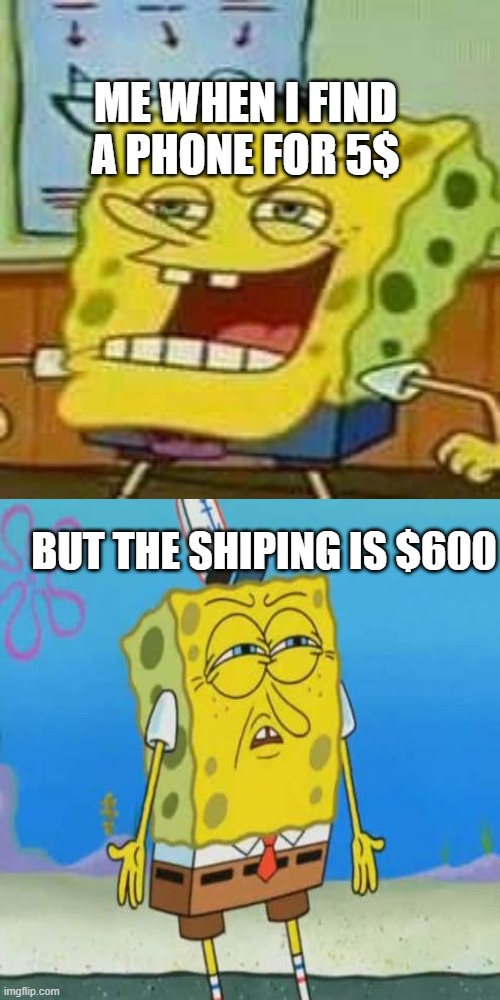 ME WHEN I FIND A PHONE FOR 5$; BUT THE SHIPING IS $600 | image tagged in spunch bop 01,funny memes,funny | made w/ Imgflip meme maker