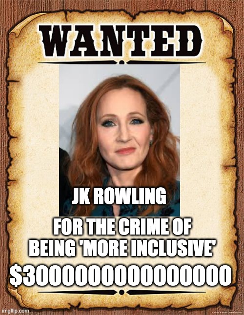 Jk Rowling | JK ROWLING; FOR THE CRIME OF BEING 'MORE INCLUSIVE'; $3000000000000000 | image tagged in wanted poster,jk rowling | made w/ Imgflip meme maker