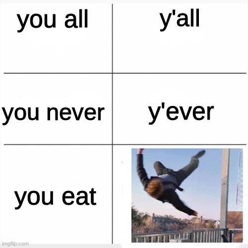 yeet | y'all; you all; y'ever; you never; you eat | image tagged in white blank chart | made w/ Imgflip meme maker