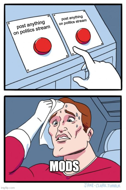 Two Buttons Meme | post anything on politics stream; post anything on politics stream; MODS | image tagged in memes,two buttons | made w/ Imgflip meme maker