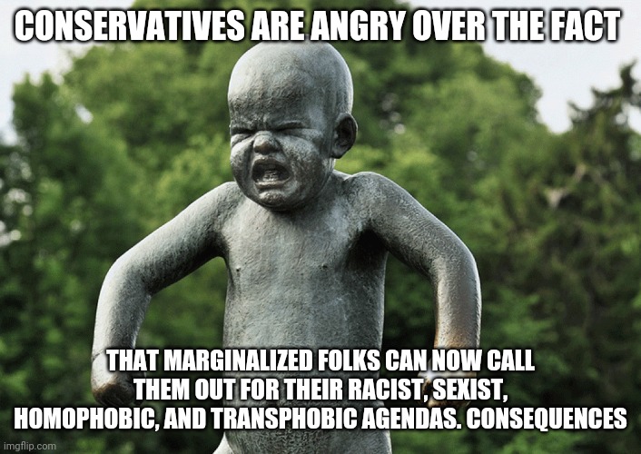 Cancel Culture | CONSERVATIVES ARE ANGRY OVER THE FACT; THAT MARGINALIZED FOLKS CAN NOW CALL THEM OUT FOR THEIR RACIST, SEXIST, HOMOPHOBIC, AND TRANSPHOBIC AGENDAS. CONSEQUENCES | image tagged in politics | made w/ Imgflip meme maker