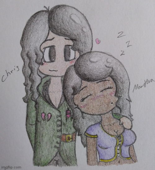 Oki so I drew two of my original characters, and I made this to practice using colored pencils. Hope you like it :D | image tagged in princevince64,cute,chris protecc,oh look vince finally used colors,awesome wow | made w/ Imgflip meme maker
