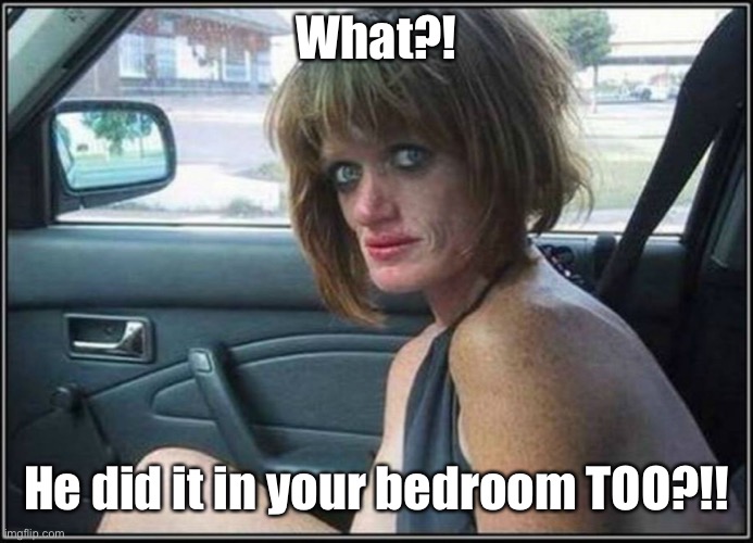 Ugly meth heroin addict Prostitute hoe in car | What?! He did it in your bedroom TOO?!! | image tagged in ugly meth heroin addict prostitute hoe in car | made w/ Imgflip meme maker