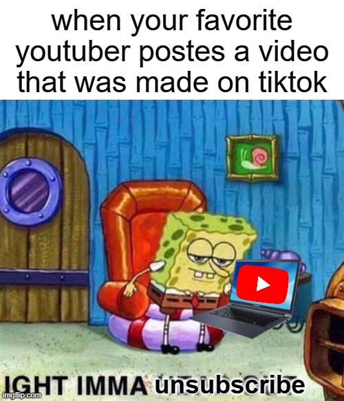 spunch bob | when your favorite youtuber postes a video that was made on tiktok; unsubscribe | image tagged in memes,spongebob ight imma head out | made w/ Imgflip meme maker