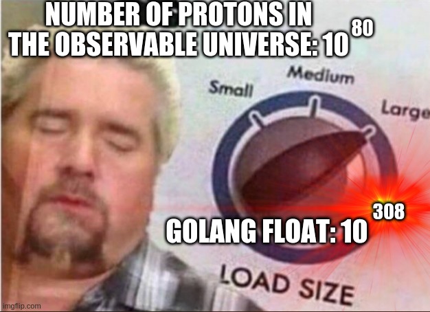 Golang be like | NUMBER OF PROTONS IN THE OBSERVABLE UNIVERSE: 10; 80; 308; GOLANG FLOAT: 10 | image tagged in programming,numbers,maths,math,mathematics | made w/ Imgflip meme maker