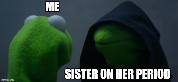 Sister | ME; SISTER ON HER PERIOD | image tagged in memes,evil kermit | made w/ Imgflip meme maker
