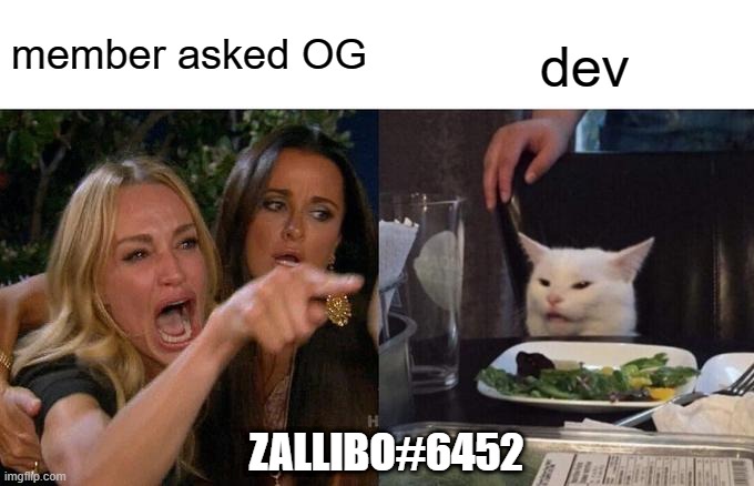 meme | member asked OG; dev; ZALLIBO#6452 | image tagged in memes,woman yelling at cat | made w/ Imgflip meme maker
