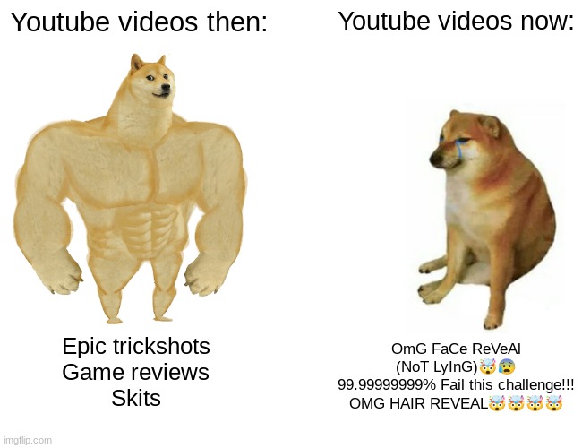 R.I.P YT |  Youtube videos then:; Youtube videos now:; OmG FaCe ReVeAl
(NoT LyInG)🤯😰
99.99999999% Fail this challenge!!!
OMG HAIR REVEAL🤯🤯🤯🤯; Epic trickshots
Game reviews
Skits | image tagged in memes,buff doge vs cheems,youtube,videos,channel,bad | made w/ Imgflip meme maker