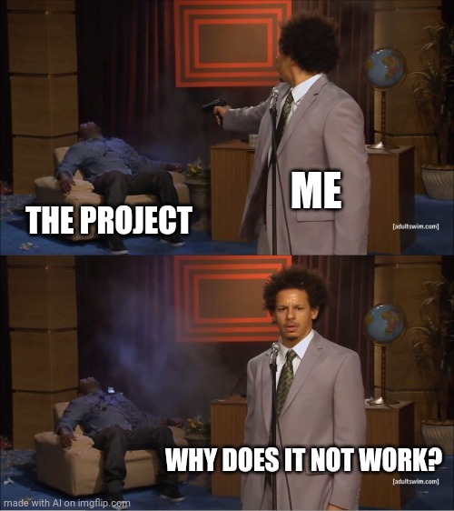 Me on project day | ME; THE PROJECT; WHY DOES IT NOT WORK? | image tagged in memes,who killed hannibal,group projects,individual projects | made w/ Imgflip meme maker