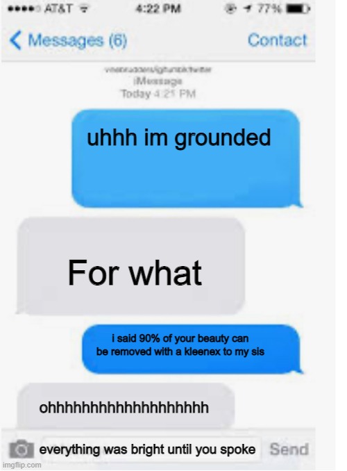 Blank text conversation | uhhh im grounded; For what; i said 90% of your beauty can be removed with a kleenex to my sis; ohhhhhhhhhhhhhhhhhhh; everything was bright until you spoke | image tagged in blank text conversation | made w/ Imgflip meme maker