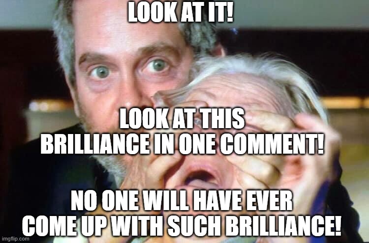 OPEN YOUR EYES | LOOK AT IT! LOOK AT THIS BRILLIANCE IN ONE COMMENT! NO ONE WILL HAVE EVER COME UP WITH SUCH BRILLIANCE! | image tagged in open your eyes | made w/ Imgflip meme maker