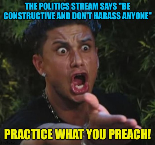 Practice what you preach, "Politics"! | THE POLITICS STREAM SAYS "BE CONSTRUCTIVE AND DON'T HARASS ANYONE"; PRACTICE WHAT YOU PREACH! | image tagged in memes,dj pauly d | made w/ Imgflip meme maker