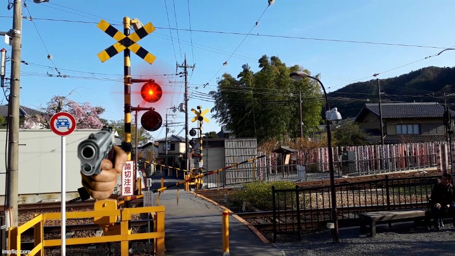 the crossing is angry | image tagged in railroad crossing,train crossing,funny | made w/ Imgflip meme maker