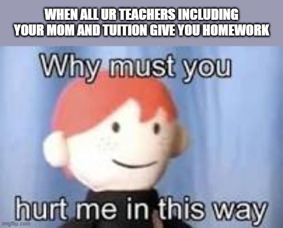 Lol | WHEN ALL UR TEACHERS INCLUDING YOUR MOM AND TUITION GIVE YOU HOMEWORK | image tagged in why must you hurt me in this way | made w/ Imgflip meme maker