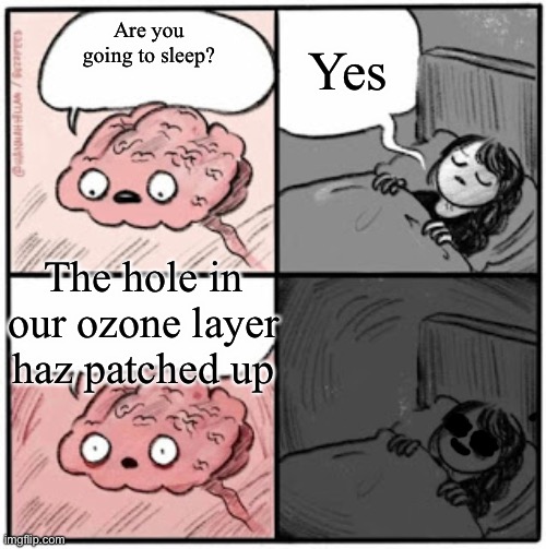 Brain Before Sleep | Yes; Are you going to sleep? The hole in our ozone layer haz patched up | image tagged in brain before sleep | made w/ Imgflip meme maker