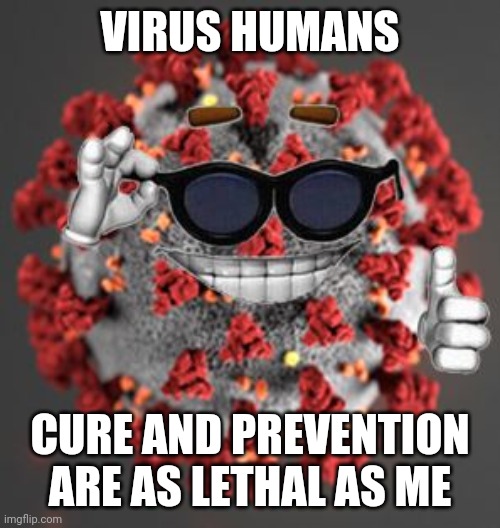 Coronavirus | VIRUS HUMANS; CURE AND PREVENTION ARE AS LETHAL AS ME | image tagged in coronavirus | made w/ Imgflip meme maker