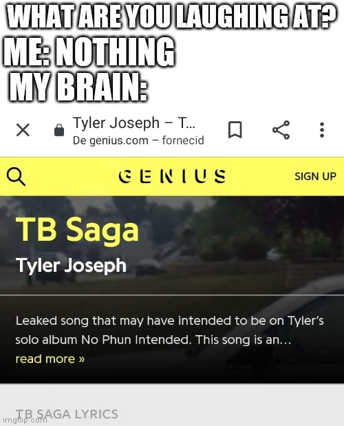 Look up the lyrics ? | WHAT ARE YOU LAUGHING AT? ME: NOTHING; MY BRAIN: | image tagged in tyler joseph tb saga lyrics,tyler joseph,twenty one pilots,lyrics,tyler,song lyrics | made w/ Imgflip meme maker