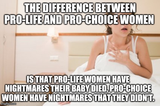 waking up from a nightmare | THE DIFFERENCE BETWEEN PRO-LIFE AND PRO-CHOICE WOMEN; IS THAT PRO-LIFE WOMEN HAVE NIGHTMARES THEIR BABY DIED, PRO-CHOICE WOMEN HAVE NIGHTMARES THAT THEY DIDN'T. | image tagged in waking up from a nightmare | made w/ Imgflip meme maker