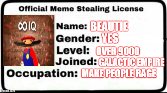 Memer | BEAUTIE; YES; OVER 9000; GALACTIC EMPIRE; MAKE PEOPLE RAGE | image tagged in meme stealing license | made w/ Imgflip meme maker